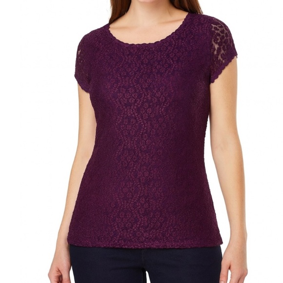 KARL LAGERFELD PARIS Lace Cap-Sleeve T-Shirt deep grape purple top blouse SZ SM - Picture 1 of 10